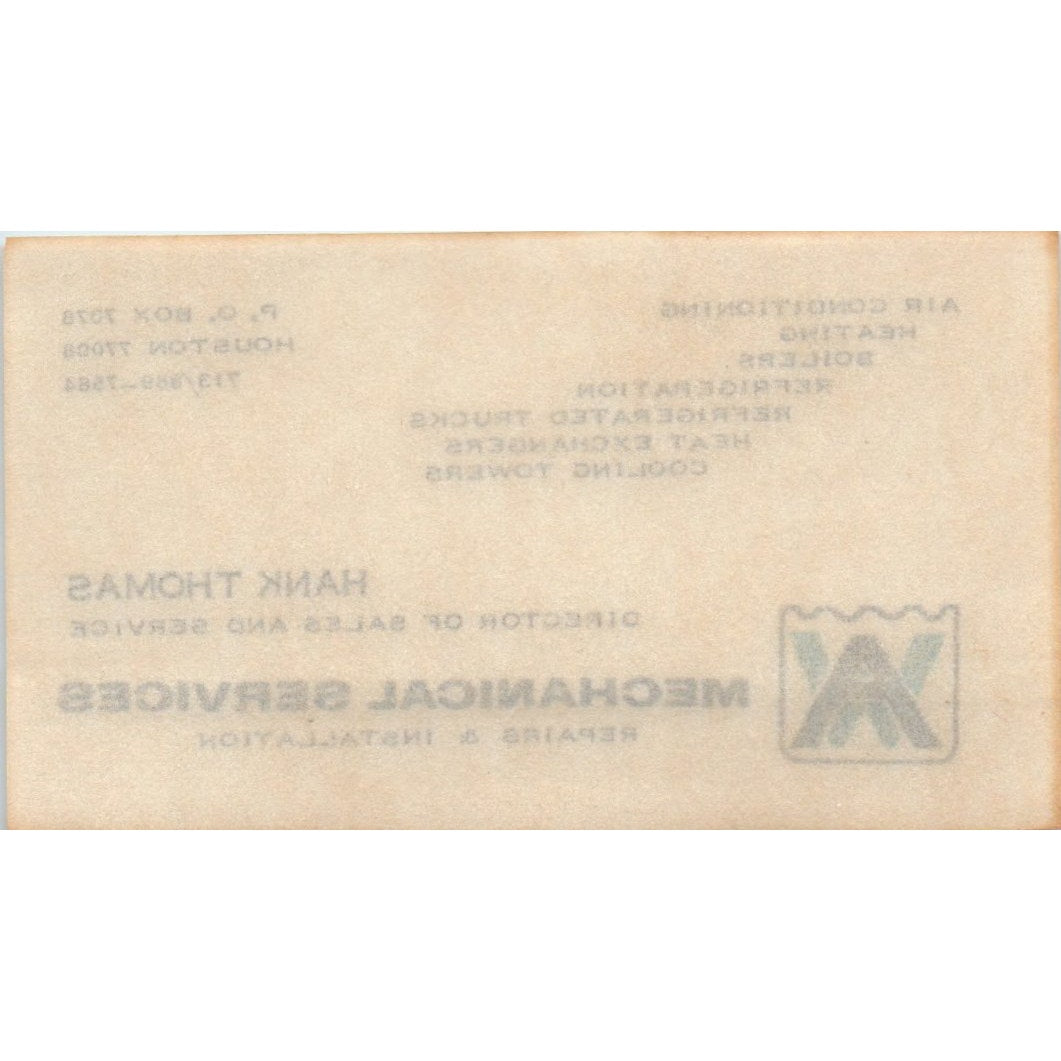 Hank Thomas AW Mechanical Services Houston TX Vintage Business Card SD4-B1