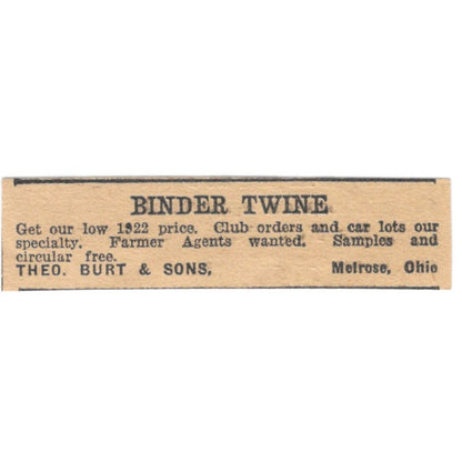 Theo. Burt & Sons Binder Twine Melrose Ohio 1922 Magazine Ad AF2-T3