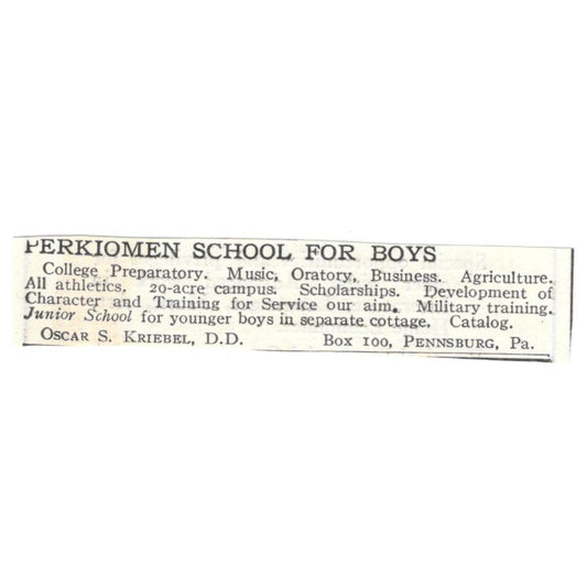 Perkiomen Boys School Oscar S. Kriebel Pennsburg PA c1918 Advertisement AE5-SA9