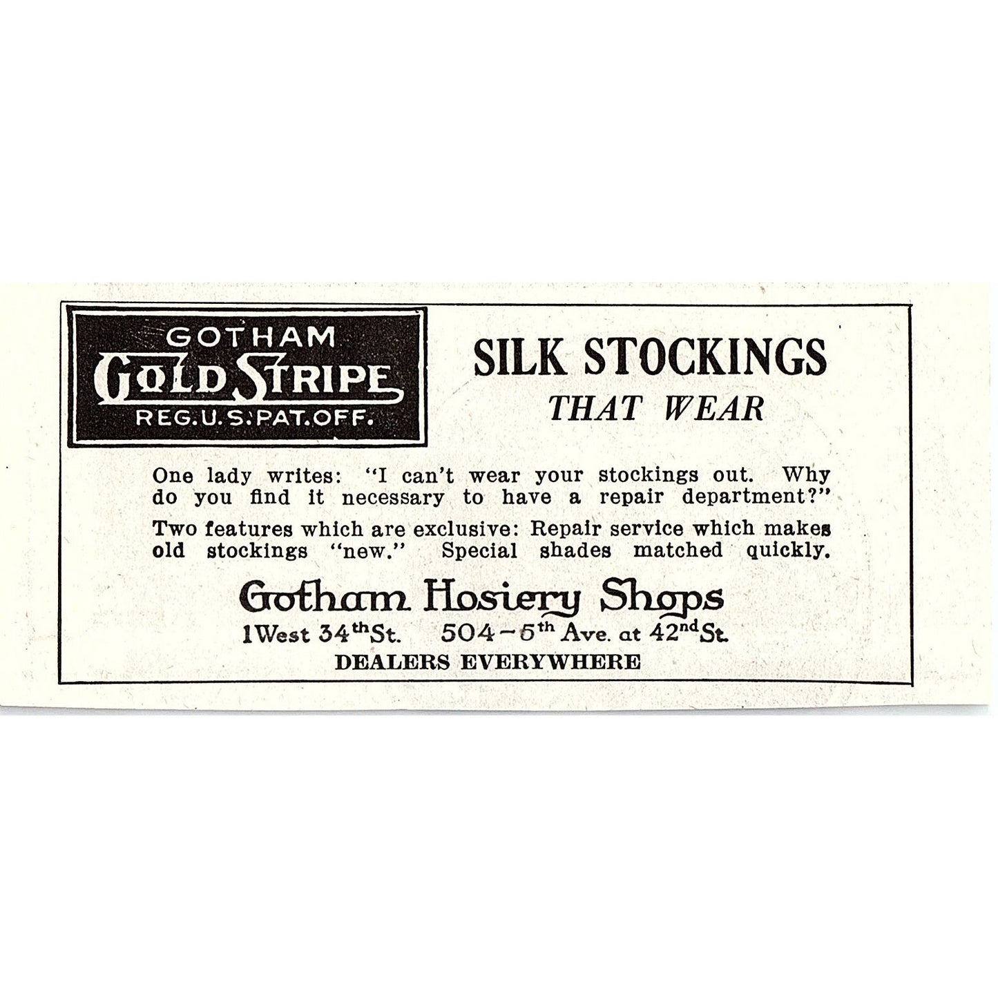 Gotham Hosiery Shops NY Gold Stripe Silk Stockings 1921 Ad AF3-10