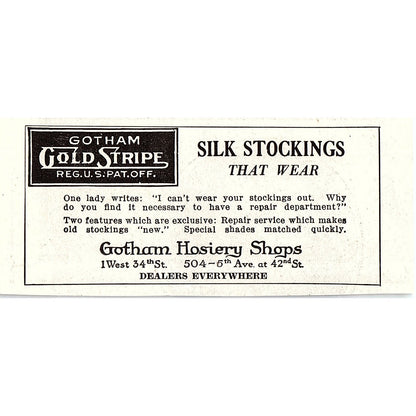 Gotham Hosiery Shops NY Gold Stripe Silk Stockings 1921 Ad AF3-10