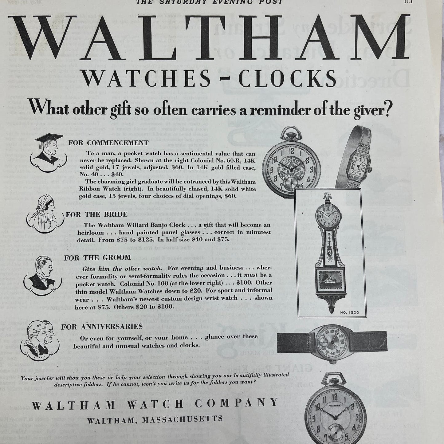 Waltham Watches-Clocks MA 1928 Original Magazine Advertisement FL6-8