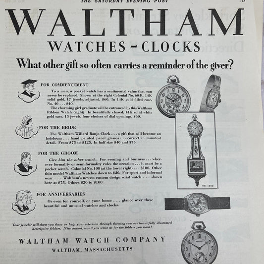 Waltham Watches-Clocks MA 1928 Original Magazine Advertisement FL6-8