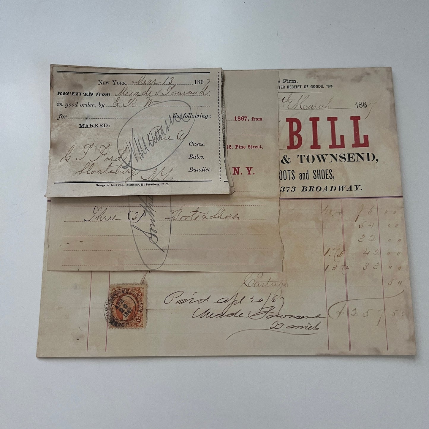Meade & Townsend Boots & Shoes New York 1867 Billhead & Erie Ry Waybill C15