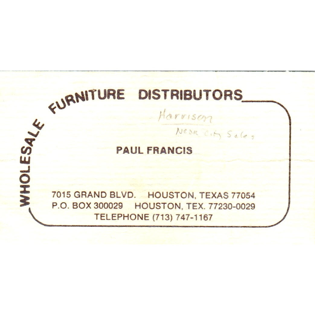 Paul Francis Wholesale Furniture Distributors Houston Vtg Business Card SD8-B20