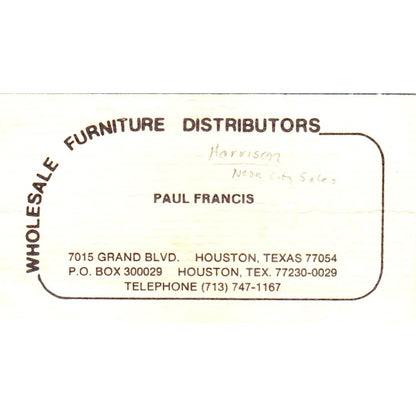 Paul Francis Wholesale Furniture Distributors Houston Vtg Business Card SD8-B20