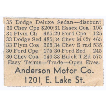 Anderson Motor Co East Lake Street 1935 Minneapolis Journal Advertisement AE7-H3