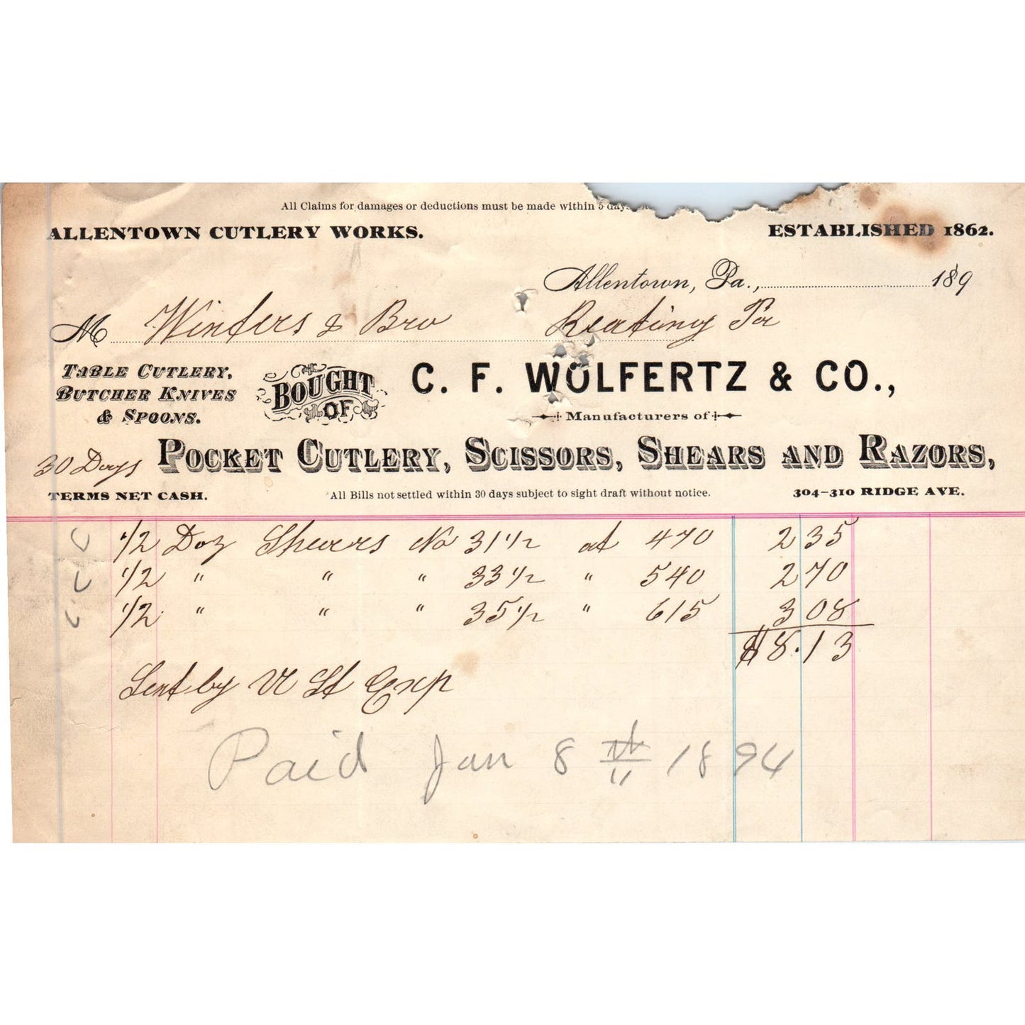 1894 C.F. Wolfertz & Co Cutlery Allentown PA Original Billhead Letterhead AE7