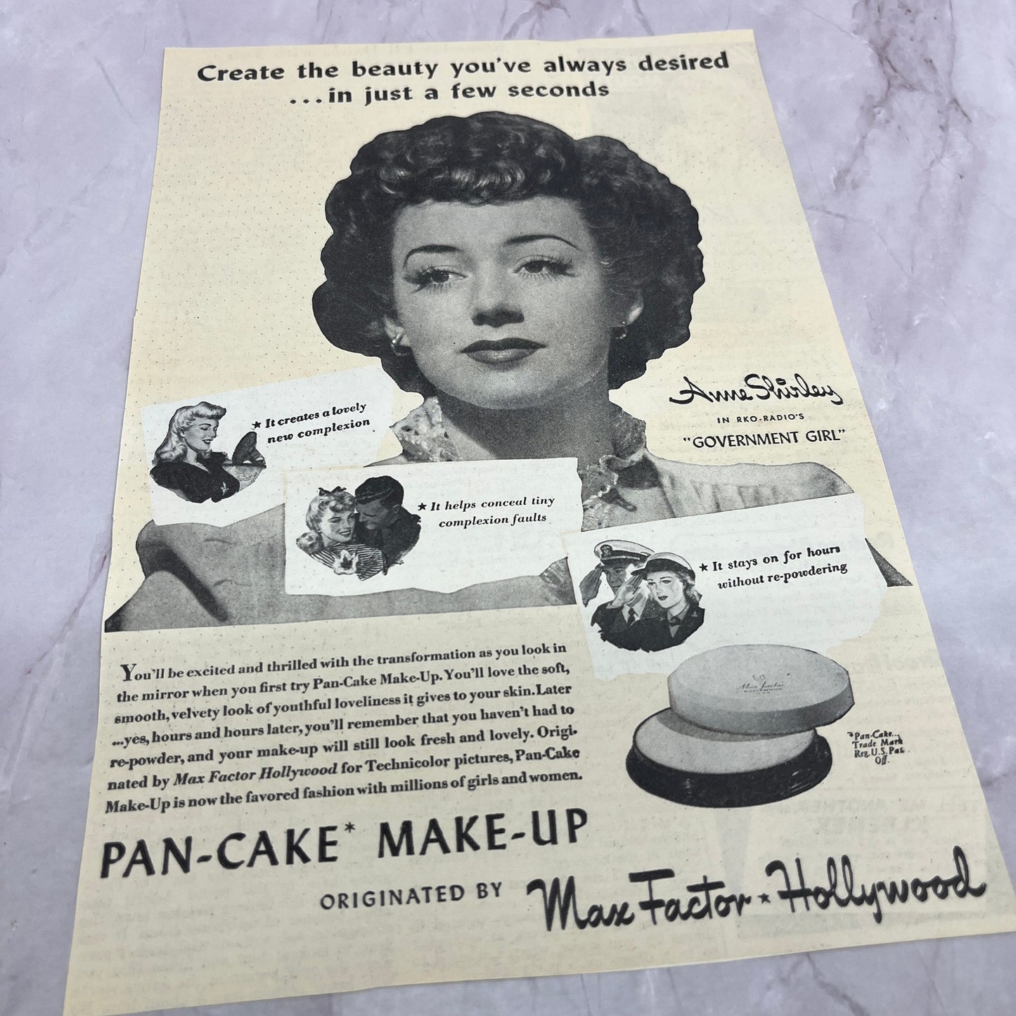 Anne Shirley Max Factor Hollywood Pancake Makeup Vintage Ad 7x10 V17