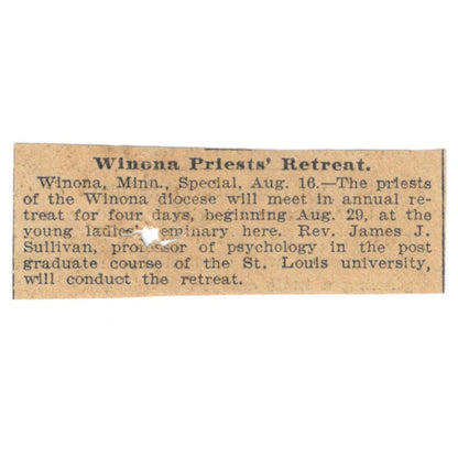 Winona MN Priest Retreat James J, Sullivan St. Paul 1898 Newspaper Ad AF2-S5