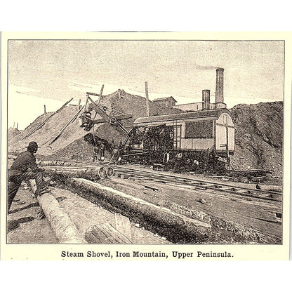 Steam Shovel Iron Mountain Upper Peninsula MI 3x4" 1901 Engraving AF6-M15