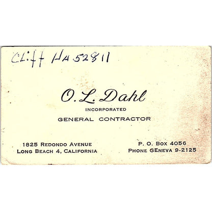 O.L. Dahl General Contractor Long Beach CA Vintage Business Card SD9-B3