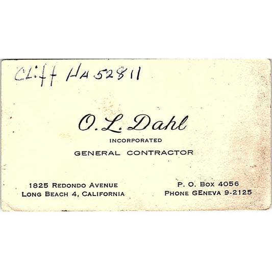 O.L. Dahl General Contractor Long Beach CA Vintage Business Card SD9-B3