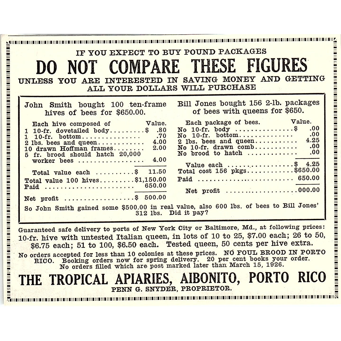The Tropical Apiaries Penn G. Snyder Aibonito Puerto Rico 1926 Ad AG3-H2