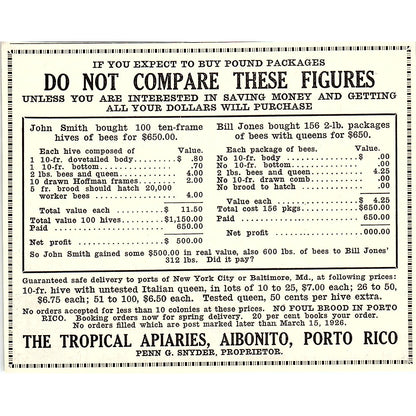 The Tropical Apiaries Penn G. Snyder Aibonito Puerto Rico 1926 Ad AG3-H2