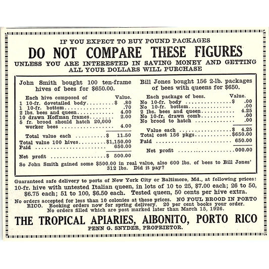 The Tropical Apiaries Penn G. Snyder Aibonito Puerto Rico 1926 Ad AG3-H2
