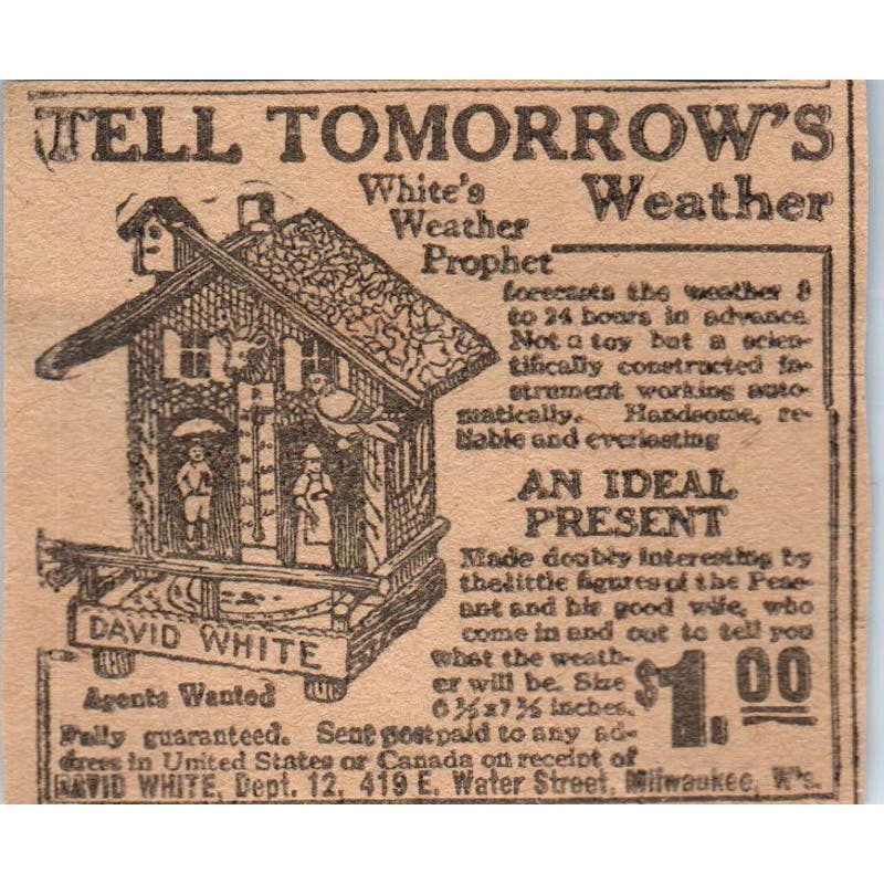 David White Milwaukee White's Weather Prophet 1923 Magazine Ad Clip AE1-5