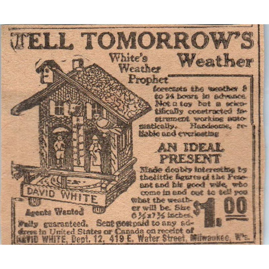 David White Milwaukee White's Weather Prophet 1923 Magazine Ad Clip AE1-5