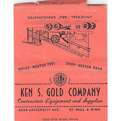 Ken S. Gold Company 880 Gravelmaster St Paul MN Vtg Large Matchbook Cover TH2-Y3