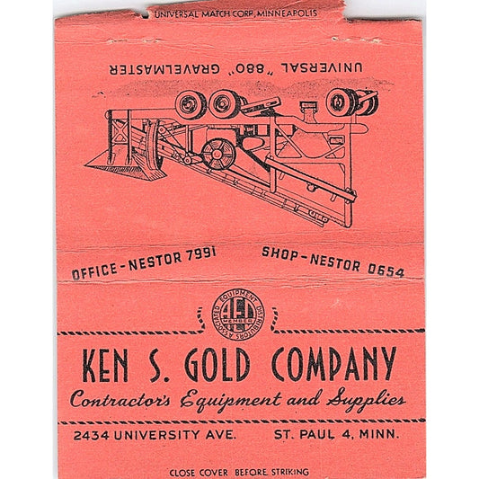 Ken S. Gold Company 880 Gravelmaster St Paul MN Vtg Large Matchbook Cover TH2-Y3