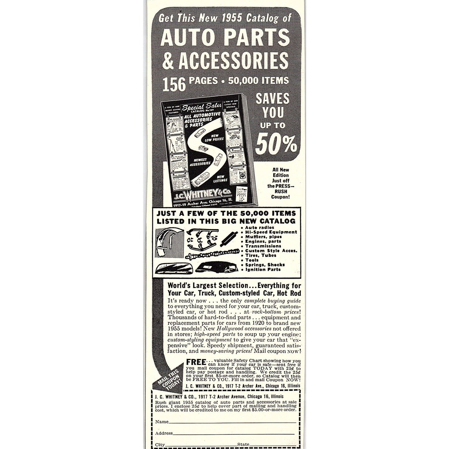 J.C. Whitney & Co Auto Parts and Accessories Chicago IL 1955 Ad AG1-7