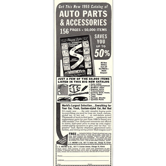 J.C. Whitney & Co Auto Parts and Accessories Chicago IL 1955 Ad AG1-7