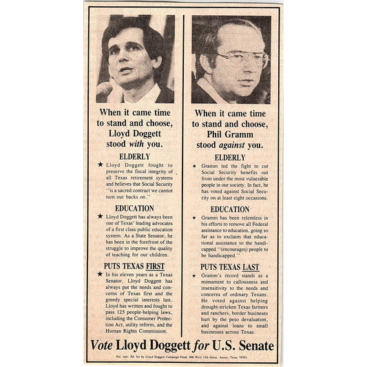 Lloyd Doggett For US Senate Austin Texas 1984 Ad AF6-7