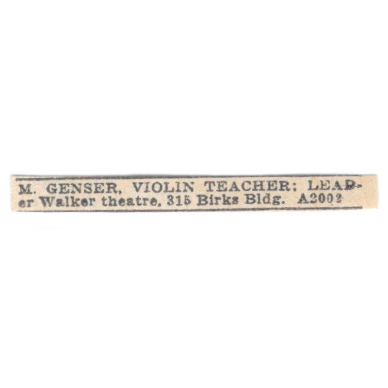 M. Genser Violin Teacher Walker Theatre 315 Birks Bldg Winnipeg 1920 Ad AG2-S10