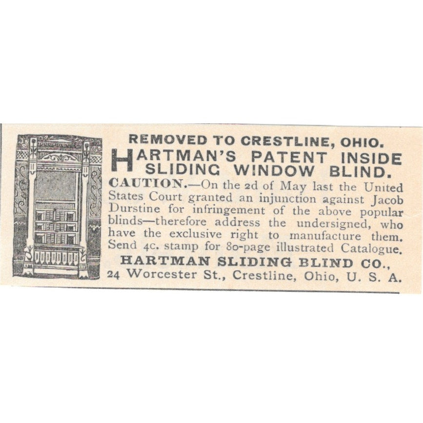 Hartman Sliding Blind Co Window Blinds Crestline OH 1892 Magazine Ad AK6-S1