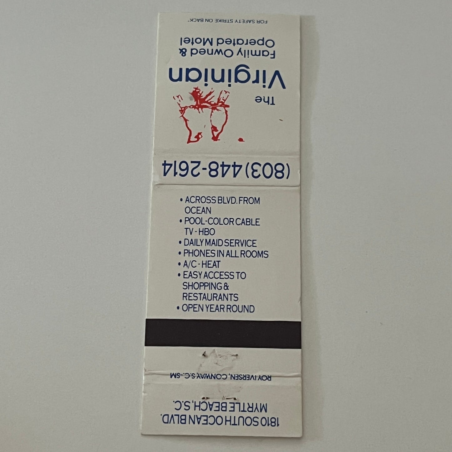 The Virginian Motel Myrtle Beach SC Vintage Matchbook Cover TB6-MB2-4