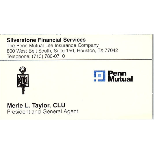 Merle L Taylor CLU Penn Mutual Houston Vintage Business Card SD9-B6