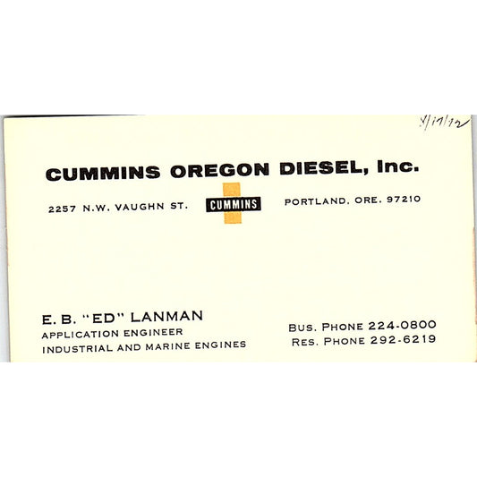 Cummins Oregon Diesel E.B ED Lanman Portland Oregon Vintage Business Card SB4-B5