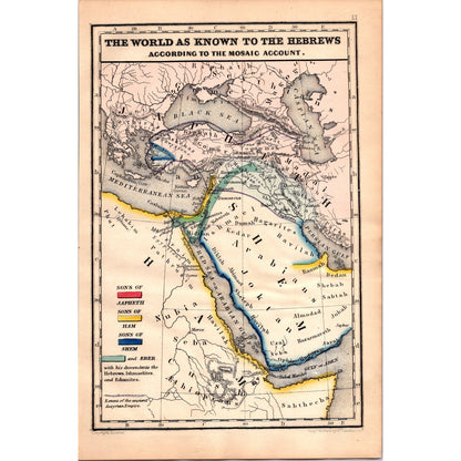 1864 Original Map of The World As Known to the Hebrews Tinted Engraving AJ6-2