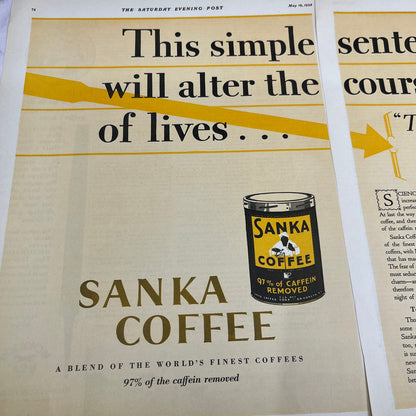 Sanka Coffee Decaf 2 Pages 1928 Original Magazine Advertisement FL6-8