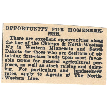 Chicago & Northwestern Line Opportunity for Homeseekers 1898 Clip AF7-E12