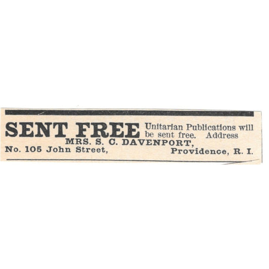 Unitarian Publications Mrs. S.C. Davenport Providence RI 1892 Magazine Ad AK6-S5