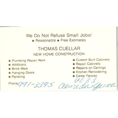 Thomas Cuellar Home Construction Vintage Business Card SD9-B3