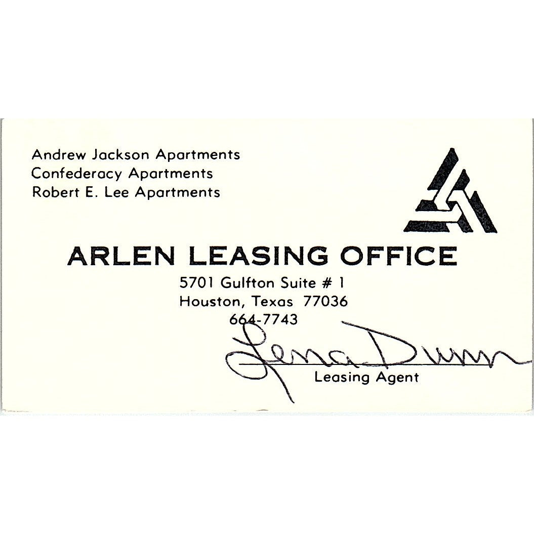 Arlen Leasing Office Lena Dunn Apartments Houston Vintage Business Card SE3-B15