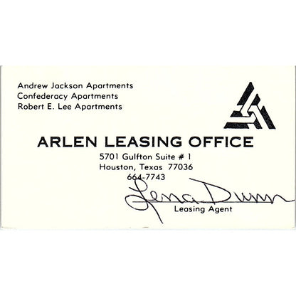 Arlen Leasing Office Lena Dunn Apartments Houston Vintage Business Card SE3-B15