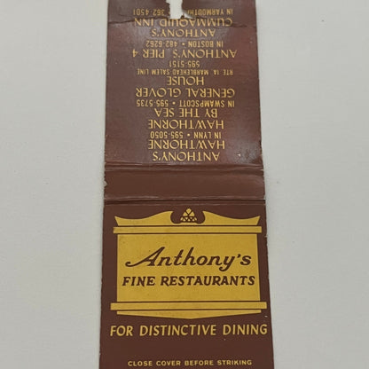 Anthony's Fine Restaurants Hawthorn Lynn MA Vintage Matchbook Cover MM4-1
