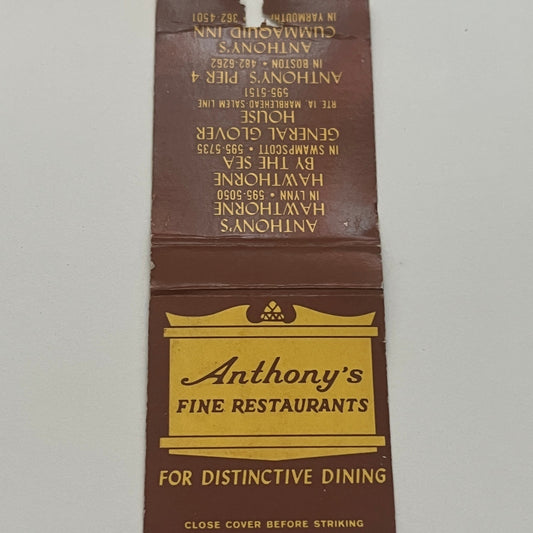Anthony's Fine Restaurants Hawthorn Lynn MA Vintage Matchbook Cover MM4-1