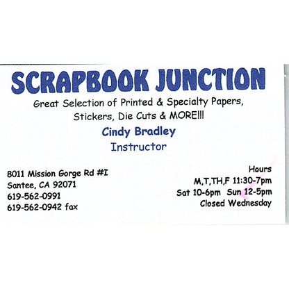 Scrapbook Junction Cindy Bradley Santee CA Vintage Business Card SC9-B10