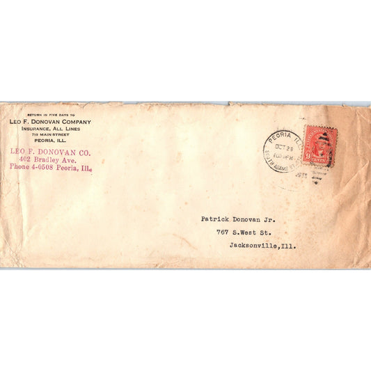 1958 Leo F Donovan Co Peoria- Patrick Donovan Jr Jacksonville IL Envelope TH9-L2