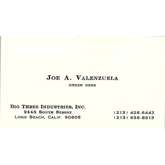 Big Three Industries Joe A Velenzuela Longbeach CA Vintage Business Card SB4-B9