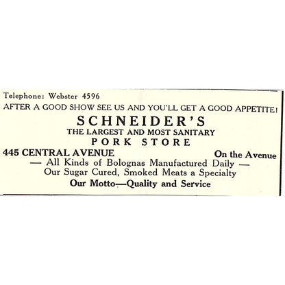 Schneider's Pork Store 445 Central Avenue Jersey City NJ 1920s Ad AF3-8