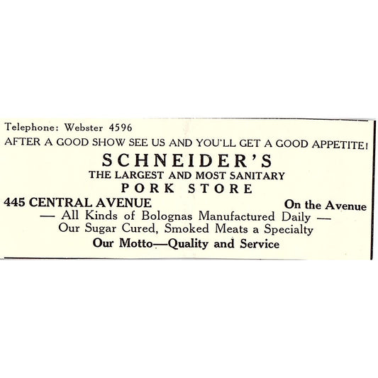 Schneider's Pork Store 445 Central Avenue Jersey City NJ 1920s Ad AF3-8