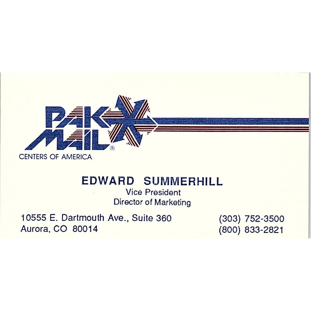 Edward Summerhill Pak Mail Centers Aurora CO Vintage Business Card SE3-B16