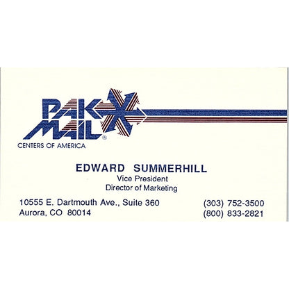 Edward Summerhill Pak Mail Centers Aurora CO Vintage Business Card SE3-B16