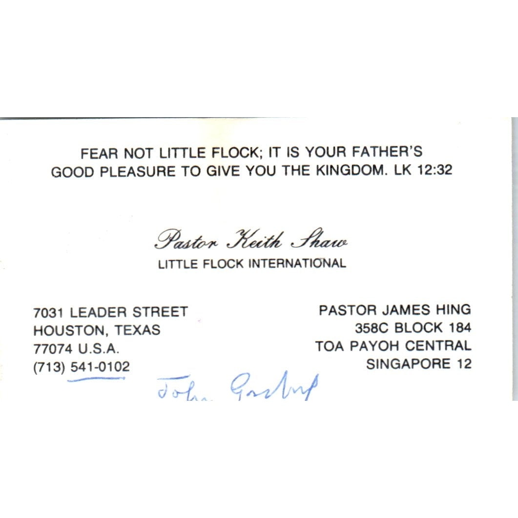 Pastor Keith Shaw Little Flock International Houston Vtg Business Card SD8-B4