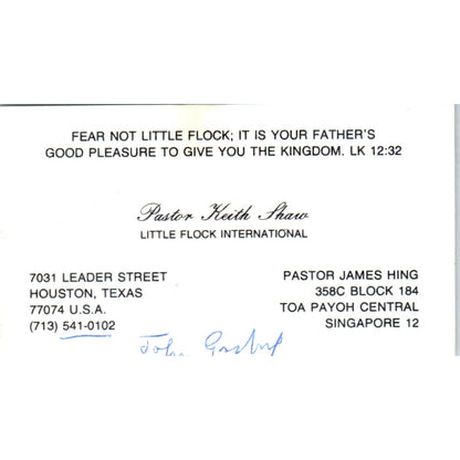 Pastor Keith Shaw Little Flock International Houston Vtg Business Card SD8-B4